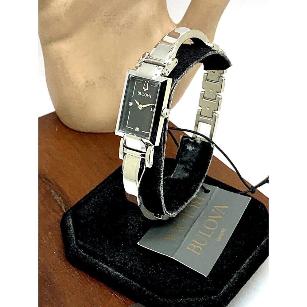Bulova Women's Watch 96P209 Silver Tone Black Mother of Pearl Dial Diamond 18mm - Picture 2 of 10